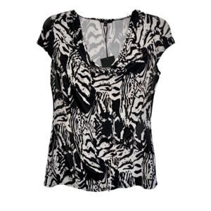 Milano Top Blouse Black & White Cowl Neck Cap Sleeve Top Size Medium NEW
